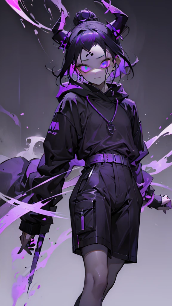 boy. thoughtful look. open forehead. black and purple hair tied in a bun on the left side to one side. sinuous black horns wrapped in dark purple ribbon. pale violet eyes. in short dark purple shorts. long white T-shirt. dark purple knee-high socks. dark_purple long coat with hood. древние dark_purple stone dungeon walls. purple light from lamps on the ceiling beams