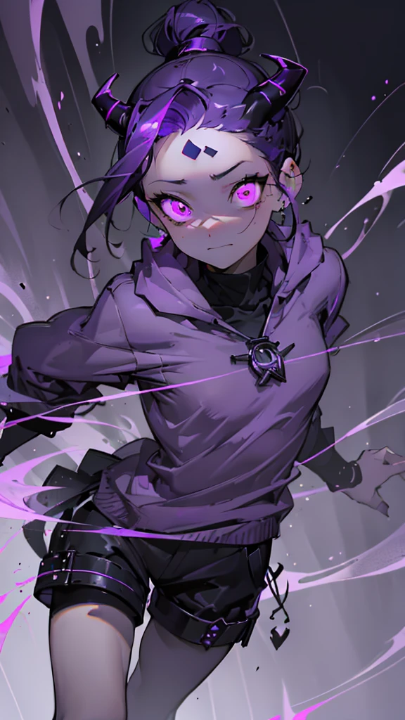 boy. thoughtful look. open forehead. black and purple hair tied in a bun on the left side to one side. sinuous black horns wrapped in dark purple ribbon. pale violet eyes. in short dark purple shorts. long white T-shirt. dark purple knee-high socks. dark_purple long coat with hood. древние dark_purple stone dungeon walls. purple light from lamps on the ceiling beams