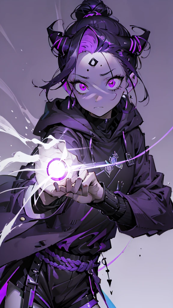 boy. thoughtful look. open forehead. black and purple hair tied in a bun on the left side to one side. sinuous black horns wrapped in dark purple ribbon. pale violet eyes. in short dark purple shorts. long white T-shirt. dark purple knee-high socks. dark_purple long coat with hood. древние dark_purple stone dungeon walls. purple light from lamps on the ceiling beams