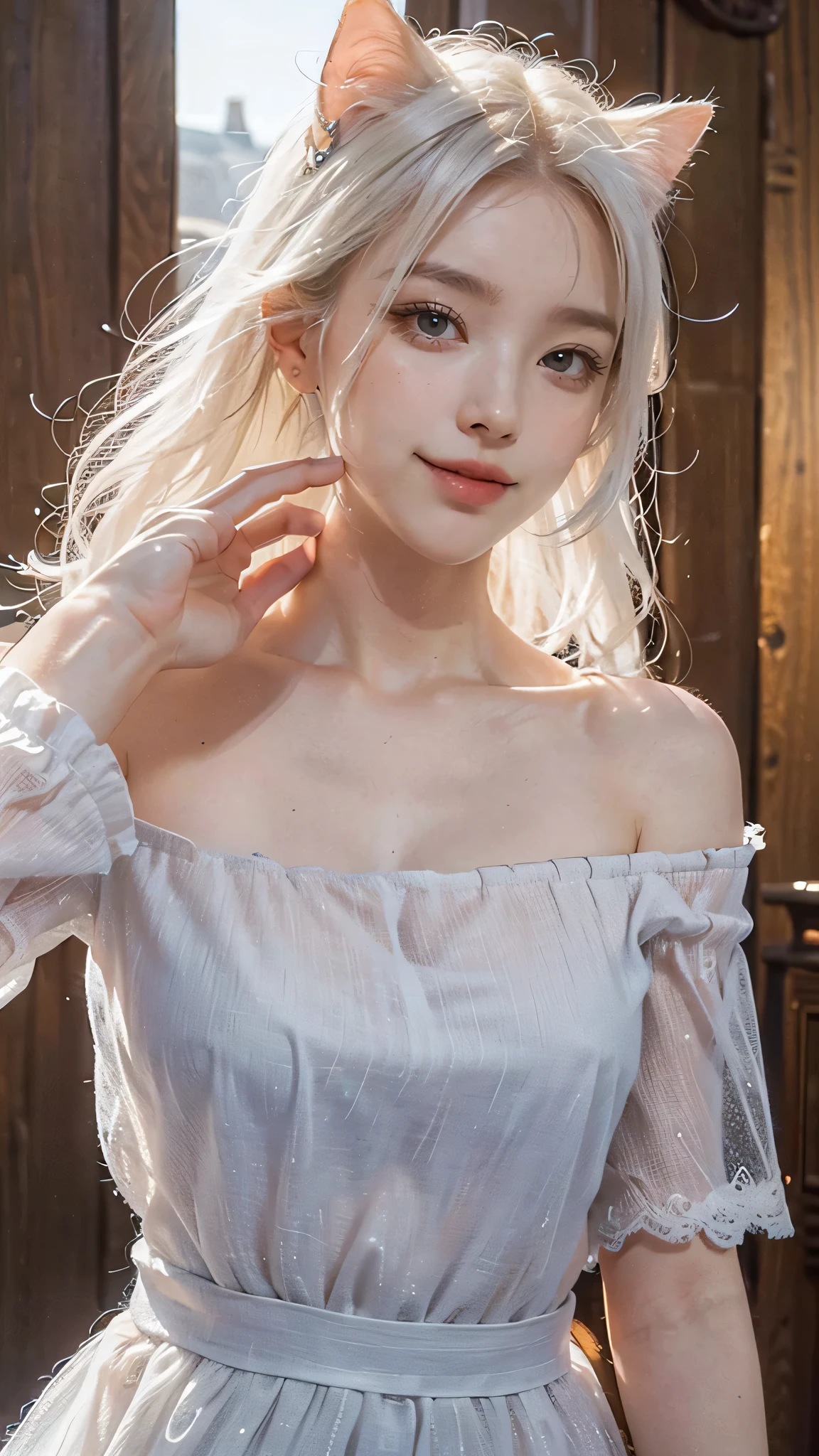 (Masterpiece: 1.2, highest quality), (real photo, intricate details), 1 Lady, Solo, Upper body, Casual, shoulder length hair, Minimal makeup, Natural fabric, Face close-up, Smile, Home, white hair, blue eyes, cat ears,