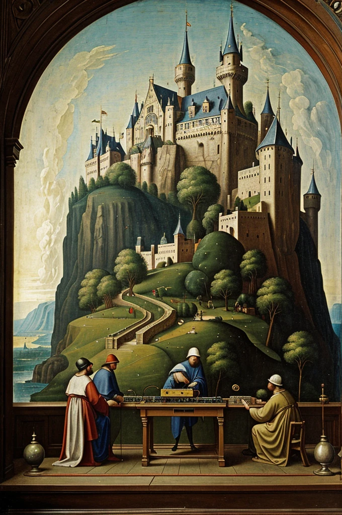 Antique painting of three men playing a moog modular synthesizer conected to a minicomputer, three men playing analog synth with only one castle in the background, hieronymus bosch style, masterpiece