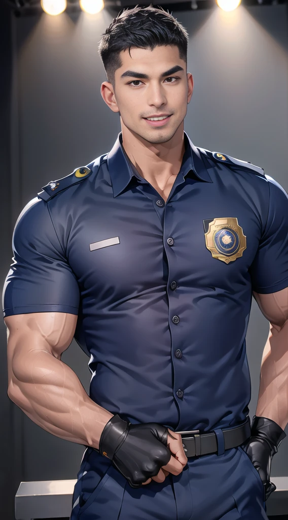 handsome man sit on the table ,(crew cut short hair:1.2),black eye,smile,open mouth (navy police uniform:1.2),(shirt short sleeves:1.2),collar,(shirt covered over:1.2),(name tag and Police badge:1.3),(shirt no ons:1.1),(black_gloves:1.3), (Navy blue cargo:1.2),Korean guy,korean men,(High gloss details),(chest muscles:1.2),(large arm muscles:1.2),blood vessel,Big muscles,Broad shoulders,looking at the audience,Balancing the eyes,middle of the road,(stage:1.2),