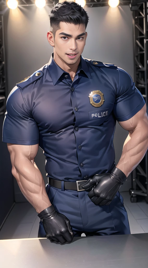 handsome man sit on the table ,(crew cut short hair:1.2),black eye,smile,open mouth (navy police uniform:1.2),(shirt short sleeves:1.2),collar,(shirt covered over:1.2),(name tag and Police badge:1.3),(shirt no buttons:1.1),(black_gloves:1.3), (Navy blue cargo:1.2),Korean guy,korean men,(High gloss details),(chest muscles:1.2),(large arm muscles:1.2),blood vessel,Big muscles,Broad shoulders,looking at the audience,Balancing the eyes,middle of the road,(stage:1.2),
