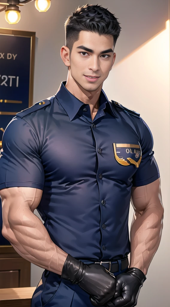 handsome man sit on the table ,(crew cut short hair:1.2),black eye,smile,open mouth (navy police uniform:1.2),(shirt short sleeves:1.2),collar,(shirt covered over:1.2),(name tag and Police badge:1.3),(shirt no buttons:1.1),(black_gloves:1.3), (Navy blue cargo:1.2),Korean guy,korean men,(High gloss details),(chest muscles:1.2),(large arm muscles:1.2),blood vessel,Big muscles,Broad shoulders,looking at the audience,Balancing the eyes,middle of the road,(stage:1.2),