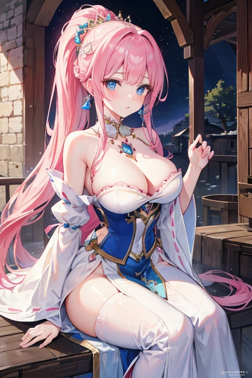 4K,high resolution,A woman,Pink Hair,Long Ponytail,Weaving,blue eyes,Large Breasts,Princess,,Princessのティアラ,jewel embellishment,,Medieval town，