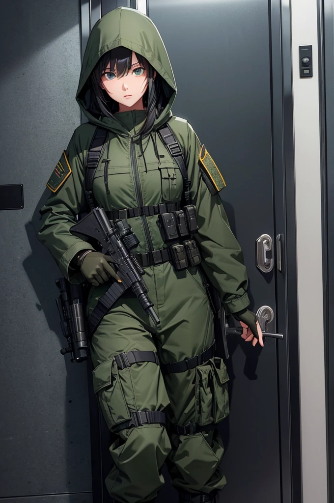 In front of the elevator door、A female soldier with a gun、Dark green M-51 hooded military uniform、Hooded on head、Military Pants、Tactical sling magazine pouch knee pads、Best quality、Very detailed、8K