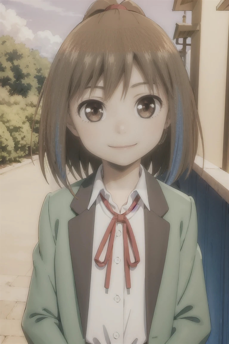 (masterpiece, best quality, colorful:1.55), samidare asahina,1girl, brown eyes, brown hair,  jacket, long sleeves, neck ribbon, ocean, red sky, dawn, ponytail, red ribbon, ribbon, , shirt, short hair, solo, sunset, white shirt, upper body