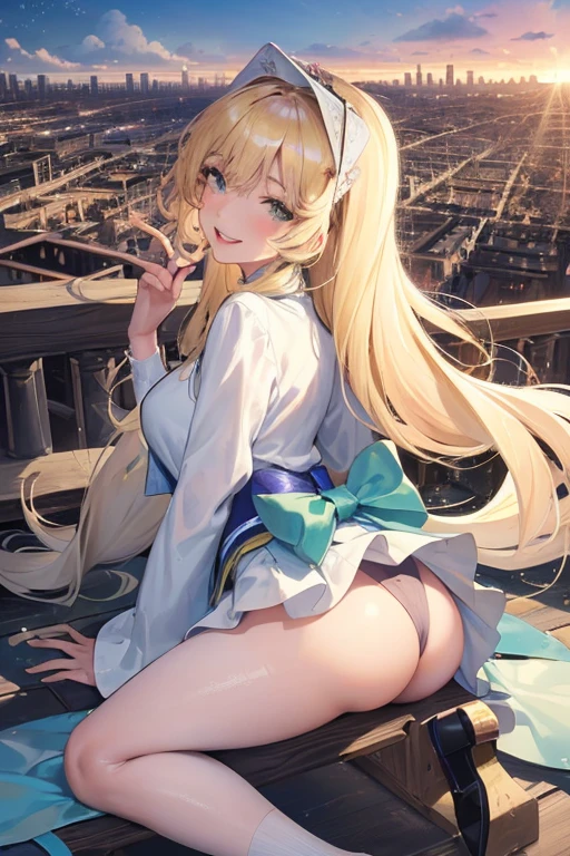 Official Art, masterpiece, Clear focus, (beautiful, Beautiful and cute Korean woman:1.3), (Beautiful and cute Korean:1.3), Korean beauty, 精致beautiful头发、Eyes and face, actual, Super detailed, beautiful女孩, Blue sky, Glowing white particles, (Side Light:1.2), Sunlight, White Cloud, Detailed clouds, Slim, Such a cute big ass, Smile with teeth bared, ((Smile with your eyes, Open your eyes)), landscape, Long straight hair, sexy facial expression, architecture, (city View:1.7), Dynamic Hair, very Long straight hair, Delicate blonde hair, Green Eyes, Pink skirt, Black socks, Pale skin, Hair accessories, epic landscape,,Black high heels,Nice ass,beautiful buttocks,There's nothing under the skirt.,weight loss