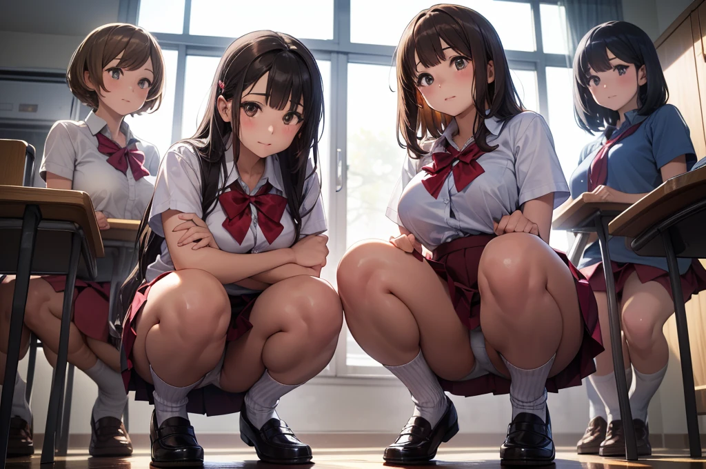 Squatting,from the front, {{{Showing panties:2.0}}},Pay attention to the panties,School Shirt,, Wide-angle
,(Masseter muscle area, Highest quality),Absurd, (Three Girls),Squat,eight-headed body, School locker room, mini skirt,, 赤いPleated skirt,赤いPleated skirt,{{White loose socks}},Browsing Caution,((Tabletop,High resolution)), Best lighting, Best Shadow,Low angle, (Tabletop:1.2), Highest quality, High resolution, unity 8k wallpaper, (figure:0.8), (Beautiful fine details:1.6), 非常にDetailed face, Perfect lighting, Highly detailed CG, (Perfect hands, Perfect Anatomy) 、(Three Girls), (Highest quality), (Super detailed), (Detailed light), (Very delicate and beautiful), Brown Hair, Brown eyes, model, (Beautiful big boobs:1.3), Bare shoulders, (Bare Chest:1.2), (High School Uniform, Pleated skirt:1.3), (High with wide open breasts:1.4), Highest quality, Highly detailed CG synthesis 8k wallpaper, High resolutionRAWカラー写真, Professional photography, (((Bokeh))), Depth of written boundary, White panties、Brown Loafers、smile、明るいclassroom、(((With 3 people))),(((3 girls))), Slim and beautiful thighs, Highly detailed skin, masterpiece, Highest quality, 非常にDetailed face, Vibrant colors, Cinema Lighting,, Three Girls, With 3 people, Brown eyes, Brown Hair, hair ornaments,short hair,Red Check Skirt,blush, White shirt, masterpiece Highest quality High resolution、Sit with your knees bent、Beautiful feet 、On campus、As if looking up from below、Embarrassing,Browsing Caution,White panties,Camel Toe、((Tabletop, Highest quality, High resolution, Pixel perfect, 4K, ))), Three Girls, With 3 people きれいな女性、I could see the whole body、 ((Short Wavy Hair, bangs, Brown Hair)), ((Brown eyes, Beautiful eyelashes, Realistic eyes)), ((Detailed face, blush:1.2)), ((Smooth texture:0.75, Realistic texture:0.65, Realistic:1.1, Anime CG Style)), Medium chest, Dynamic Angle, Perfect body, ((school uniform, White shirt, Red Skirt, Unbuttoned shirt、Red Check Skirt、White socks)), classroom、Sit at a desk、I took my feet off the desk.、smile、(Lift up your skirt with your right hand、Spread your legs、Knees wide open、white lace panties)、、(Cute Bra)、Angle from below