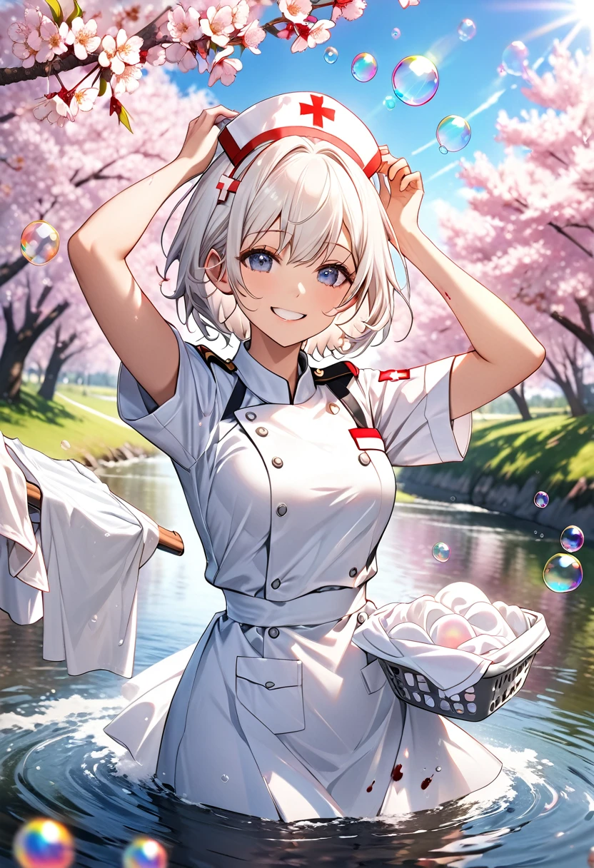 A high quality 8k full HD photo of a military nurse with white short hair washing clothes in a river under a blooming cherry tree, a small amount of blood on her clothes, spreading the white laundry with both hands and holding it up to the sun, many soap bubbles flying around, a cowboy shot centered around the soap bubbles, smiling