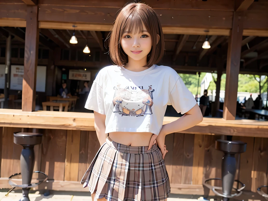 (8K, RAW Photos:1.2), Detailed face and eyes,最high quality, Ultra-high resolution, Very detailed ,Intricate details ,Tabletop ,pretty girl ,Round eyes、 Soft cinematic light, Hyper Detail,Sharp focus, high quality, Brown Hair,((Bobcut))、(Straight bangs)、amusement park、 ((Mini T-shirt))、(Pleated skirt)、”dwarf”、(Full Body Shot)、Waist、(I can see your thighs)、Cowboy Shot、 smile、I can see your belly button、