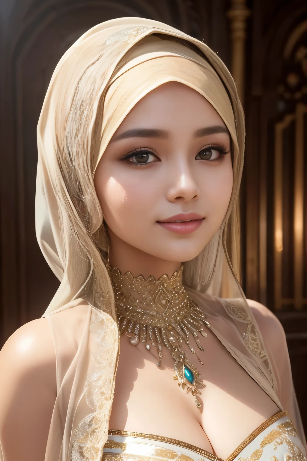 see-through, transparent, Flashy, grandeur, glamor, cleavage, hijabi, Absurd, ultra-detailed, high quality, masterpiece, detailed face, beautiful eyes(detailed eyes), javanese, gentle and graceful, face exudes warmth and kindness, eyes described as soft and comforting, gentle and steady gaze, overall appearance is simple and modest, The fabric of her garments is usually depicted as soft and earth-toned, beauty lies not in extravagant adornments, Her smile is serene and welcoming
