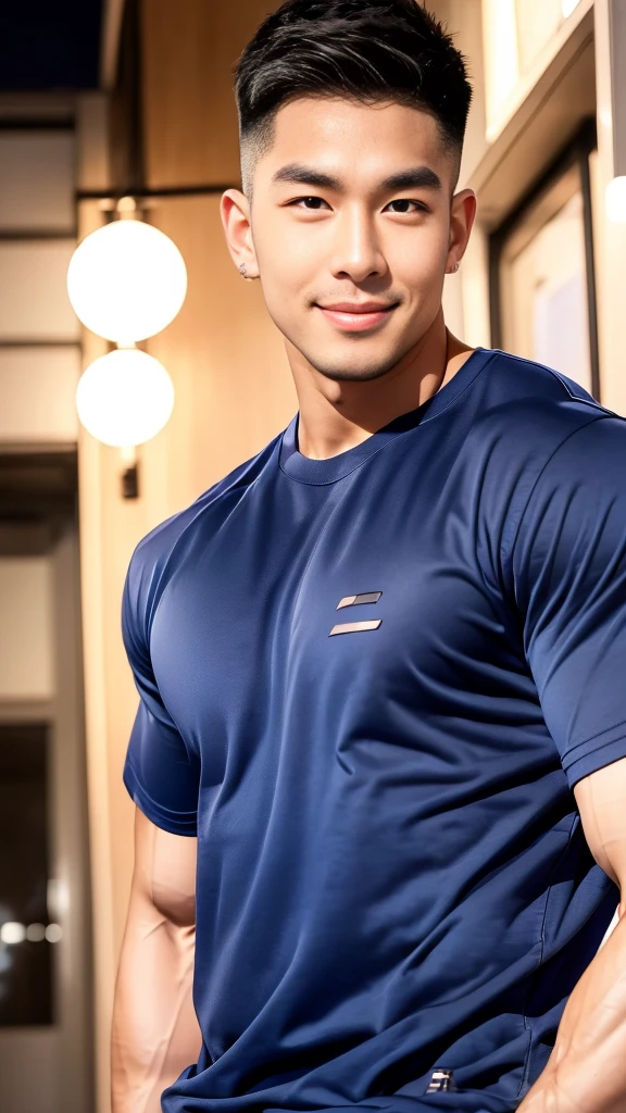 korea male male model, big muscles, handsome, cool, smoothly combed hair, pierced ears, wearing a t-shirt navy top, holding a lollipop, portraiture, modeling, dynamic pose, Japanese street, late at night, store lights trade, full half body shot, smile open mouth
