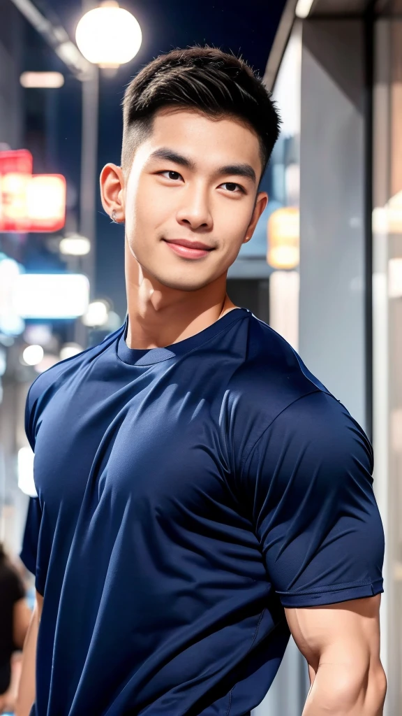 korea male male model, big muscles, handsome, cool, smoothly combed hair, pierced ears, wearing a t-shirt navy top, holding a lollipop, portraiture, modeling, dynamic pose, Japanese street, late at night, store lights trade, full half body shot, smile open mouth