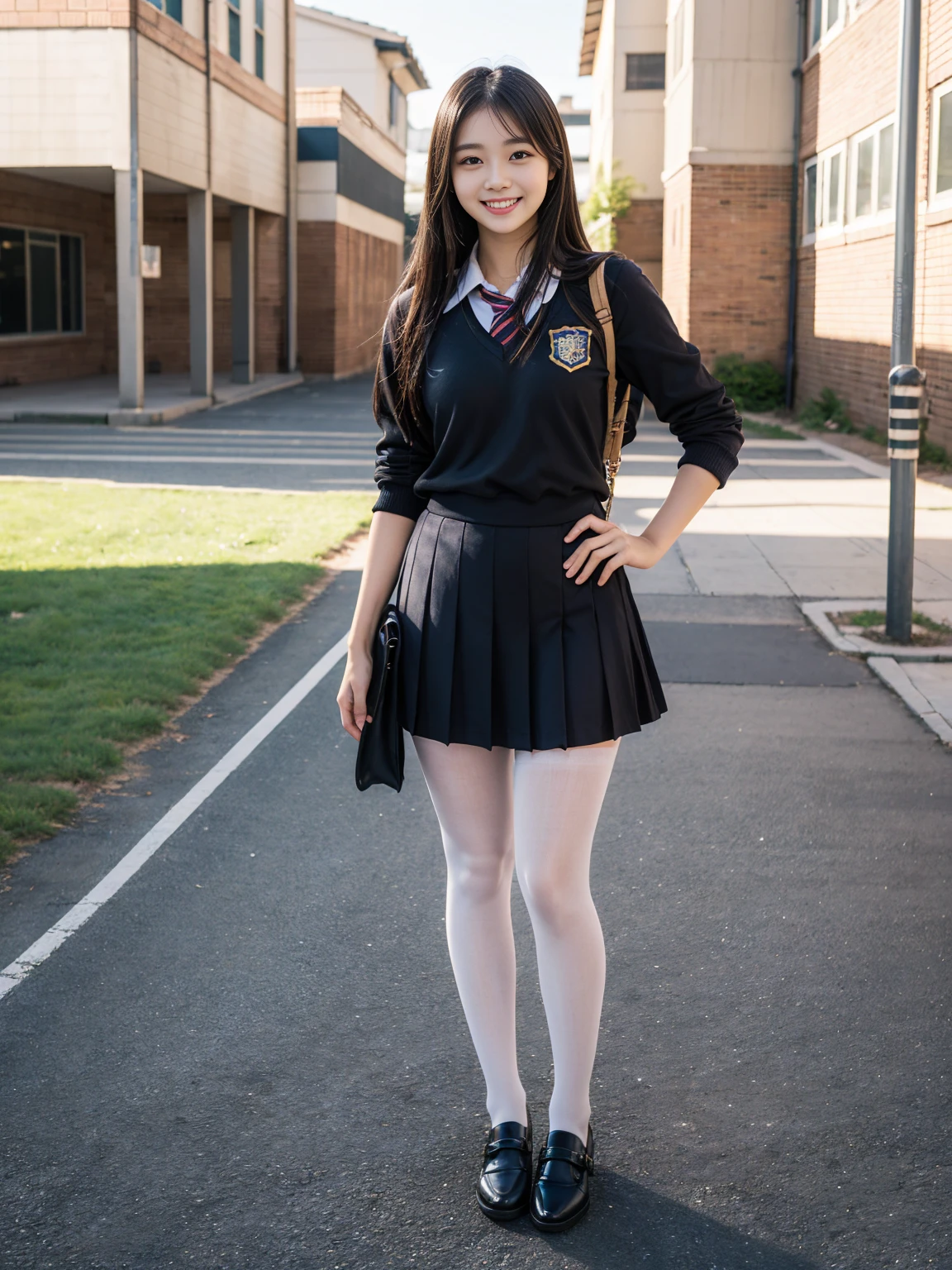 ((Full Body Shot))、Realistic,photoRealistic,Very detailed,Perfect Shading,Glowing Skin,Big eyes、Long eyelashes、Neat and clean hairstyle、smile、Open your mouth、School Life,,girl,軽いsmile,Schoolyard、Thick black pantyhose,Unprotected lower body