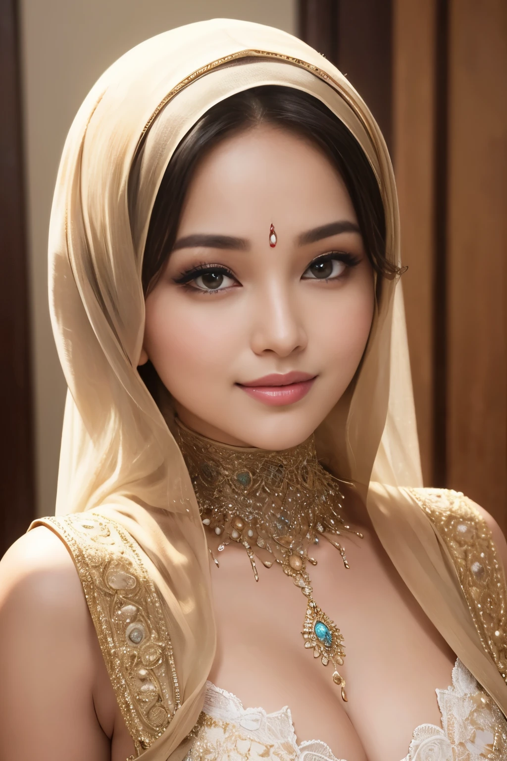 party dress, cleavage, hijabi, Absurd, ultra-detailed, high quality, masterpiece, detailed face, beautiful eyes(detailed eyes), Greek mythology Goddess, Hestia, goddess of the hearth and home, gentle and graceful, face exudes warmth and kindness, eyes described as soft and comforting, gentle and steady gaze, overall appearance is simple and modest, The fabric of her garments is usually depicted as soft and earth-toned, beauty lies not in extravagant adornments, Her smile is serene and welcoming