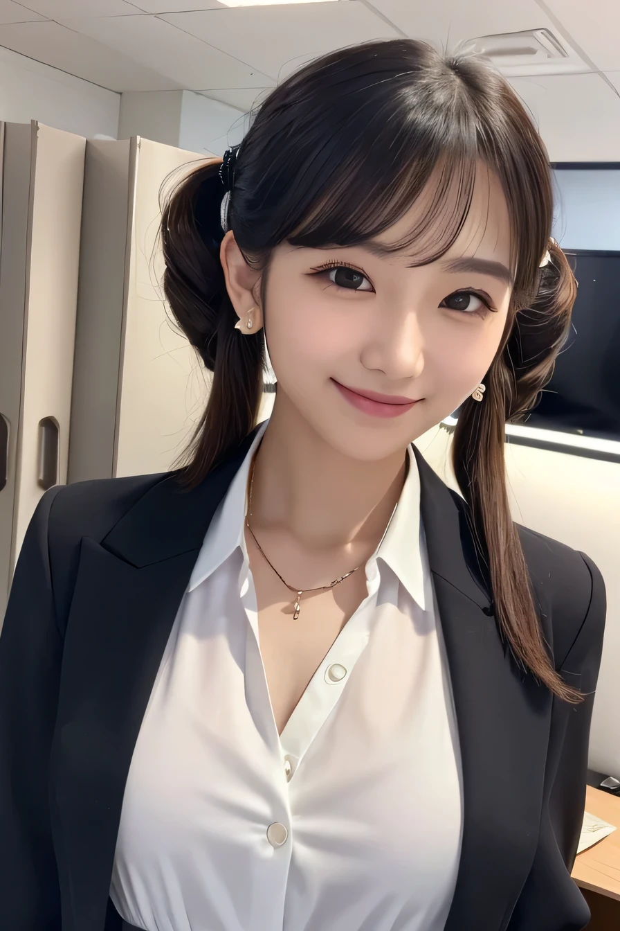 Intricate details, 、ear piercing、Looking into the camera、、smile、Beautiful teeth alignment、、Hairstyle Twin tails、 Clear beauty, (High quality fabric, Office Lady Suits) 、Jacket、Unbuttoned shirt、Necklace around the neck、Dark eyeliner、 The background is the office