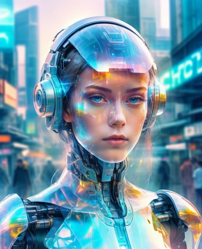 mecha girl，Futuristic virtual holographic digital image background，（double exposure：1.8），Complex illustrations in surrealist art style，surreal dreams，Incognito as a virtual person with hologram，Transparent people，Virtual holographic digital imaging