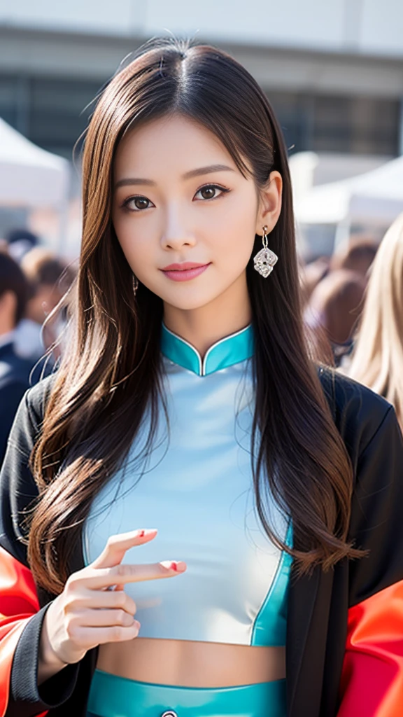 masterpiece, Highest quality, Realistic, Highly detailed CG integrates 8K, 8K,(Very beautiful face, Beautiful Lips, Beautiful Eyes), Exquisitely detailed face,1 Girl, Very beautiful girl,Exquisite eye makeup,Subtle eye detail,The best example of four fingers and one thumb,Toned figure,Nice and beautiful smile,明るいLong Hair,transparent, Quality hair,(masterpiece, Highest quality:1.2),alone,The eyes are exquisite and delicate,Brown Hair、Long Hair、Pink Lips,blue eyes,Big Breasts、Wavy Hair、((Race Queen,Skin-colored tights:1.0)))、Japanese、25-year-old female