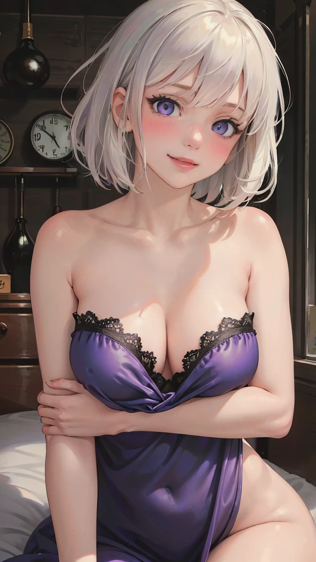 ((((masterpiece, best quality, high resolution)))), (1girl:1.5), ((white hair, purple eyes)), short wavy hair, bob cut, (average breasts :1.2), blush, smile, glow, thighs, bare shoulders, collarbone, narrow waist, cleavage, (beautiful detailed face, beautiful detailed eyes), ((satin nightgown, thin material)),(seductive pose, sultry look), urachan1629