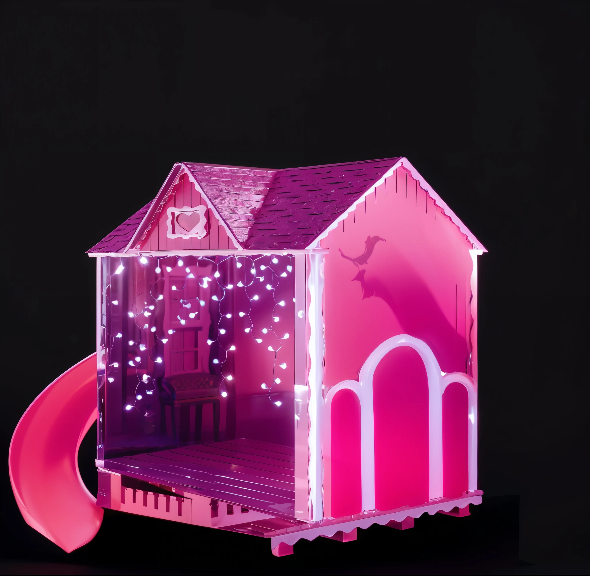 a pink and white fairy tale cottage with a pink snake and a heart on the roof, and a small stage in the back. 3d style, simplified design, 3d render, glossy texture, smooth 3d model, multiple light sources, rim light, sharp post effects render, (glossy plastic texture with multiple big light probe refractions), perfect cgi, smooth silhouette, high intensity refraction, (super glossy material), most beautiful vfx , blue background, plastic refractions, realistic, 4k, high resolution, rim light, photo shoot, commercial photo, profile shot, 4k, rim light, high resolution, 4k, glossy texture, smooth 3d model, multiple light sources, rim light, sharp post effects render, (glossy metallic texture with multiple big light probe refractions), perfect cgi, cgi art created only with gradients, smooth silhouette, high intensity refraction, (super glossy chrome material), most beautiful vfx, blue background, chrome metal refractions, multiple light sources, rim light, sharp post effects render, perfect cgi, digital art, detailed digital art, reflective, best quality, 4k, masterpiece:1.2, ultra-detailed, realistic, vivid colors, dark and moody lighting, The image of the highest quality, ensuring every detail is showcased perfectly. It in 4k resolution, allowing viewers to immerse themselves in the richness of the colors and intricate details. The realistic rendering. under the spotlight, reflecting, high-resolution image, realistic rendering, dark background, and rim light photorealistic The image features three characters standing in front of three houses. The characters are a red-haired mermaid, a purple cat, and an orange dog. They are each holding a yellow maraca