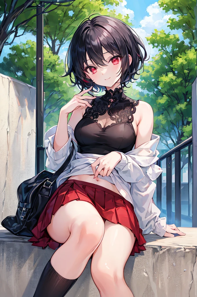 (masterpiece, highest quality, highest quality, (No text), Beautiful and aesthetic:1.2),No text,アニメ、BREAK,One Girl，Black Hair Girl　short hair　Tree Eyes　Beautiful eyes　Red eyes　cool　smile　Red and Black　mini skirt　Whole body　Detailed eyes and face　Night in the city