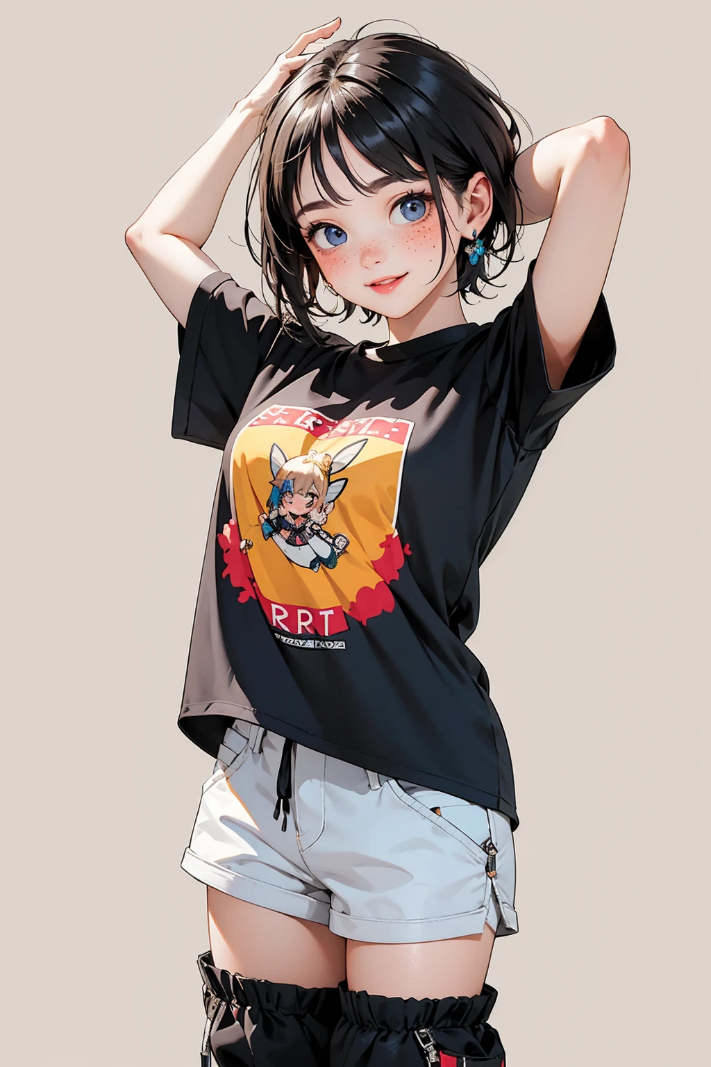 (Highest quality, masterpiece), 1. 20-year-old female, Raise your arms, hands behind your head, smile, Laughter, Huge oversized t-shirt, Shorts, Dark Pixie Haircut, freckles, blush, View your viewers, cute, Captivating eyes...