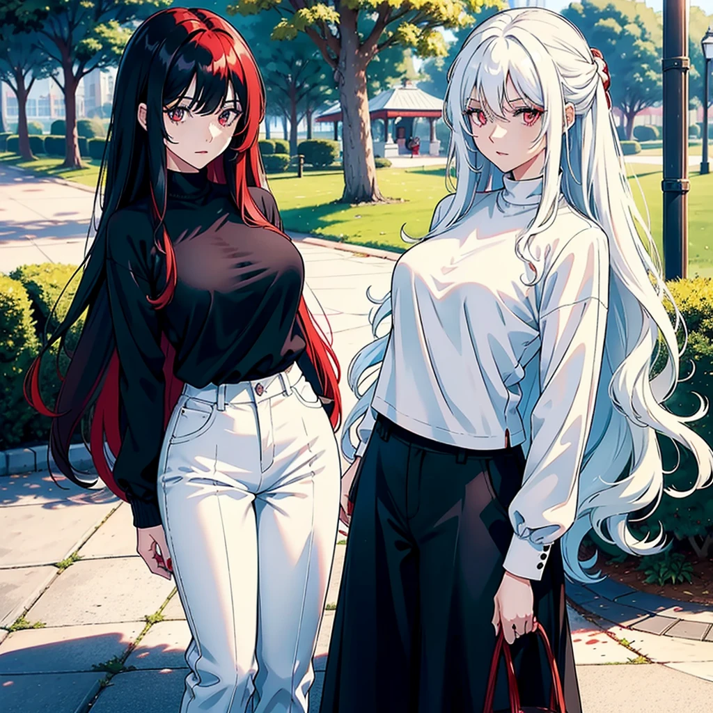 woman with long wavy white hair bright blue eyes wearing a white blouse and black pants next to her a black haired woman with red locks with bright red eyes wearing a black sweater and white pants taking her phone for a photo they are in a park