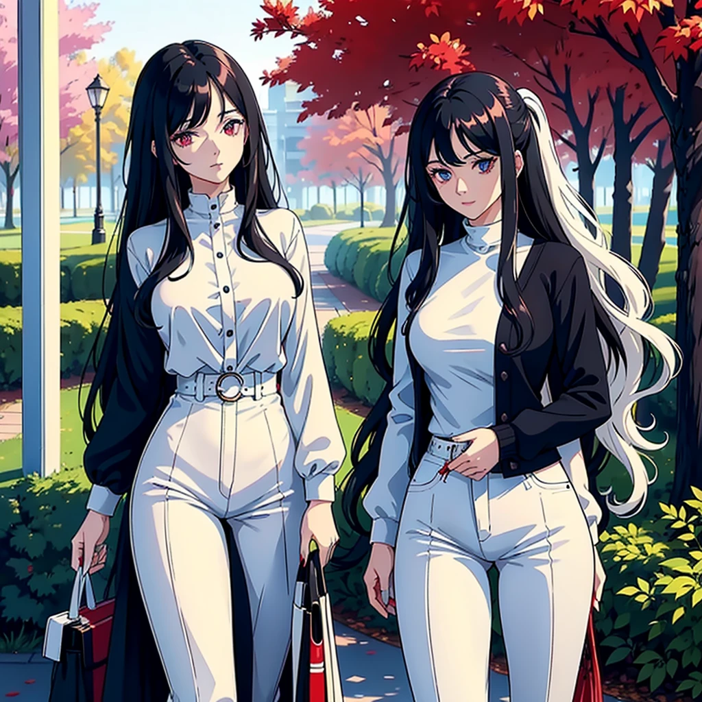 woman with long wavy white hair bright blue eyes wearing a white blouse and black pants next to her a black haired woman with red locks with bright red eyes wearing a black sweater and white pants taking her phone for a photo they are in a park