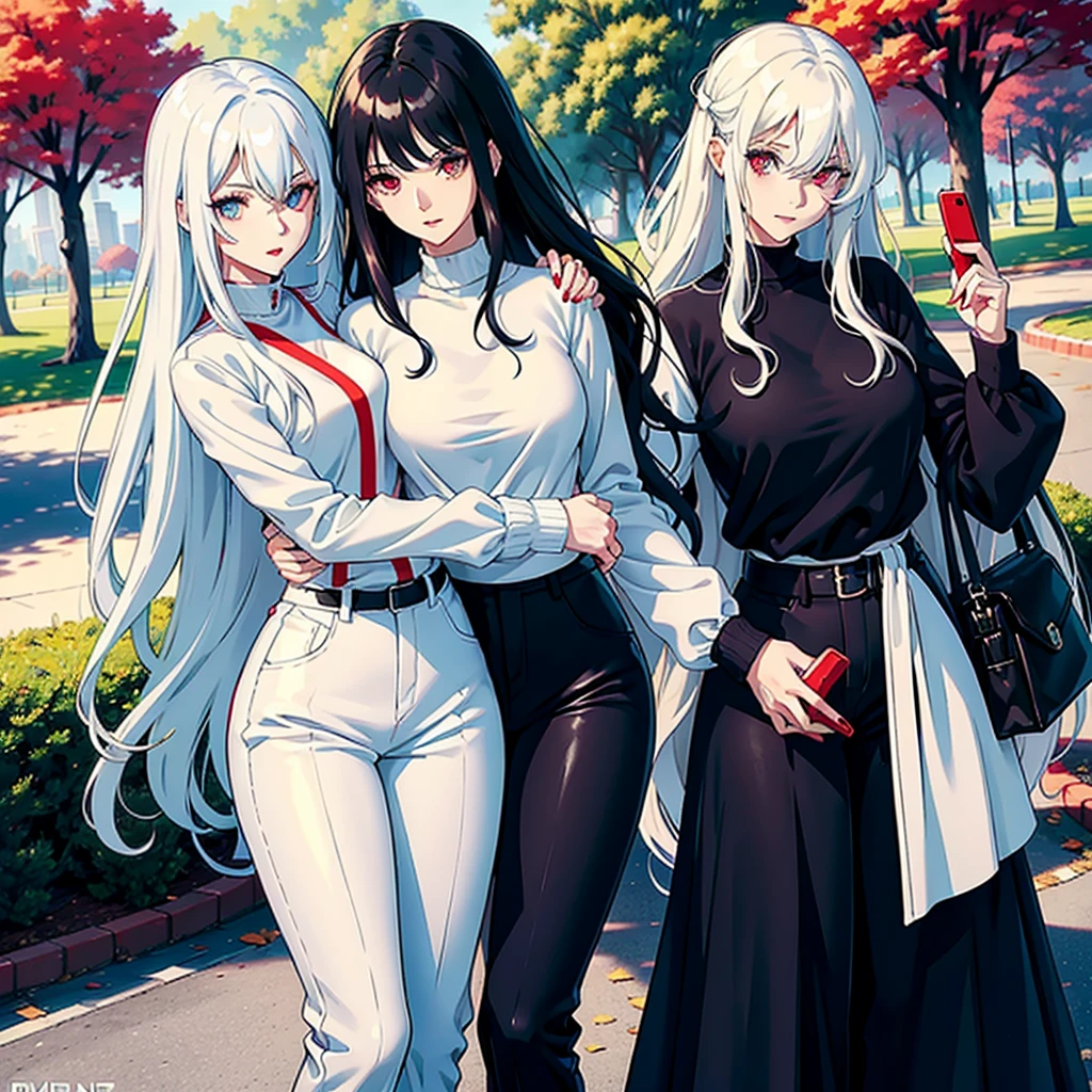 woman with long wavy white hair bright blue eyes wearing a white blouse and black pants next to her a black haired woman with red locks with bright red eyes wearing a black sweater and white pants taking her phone for a photo they are in a park