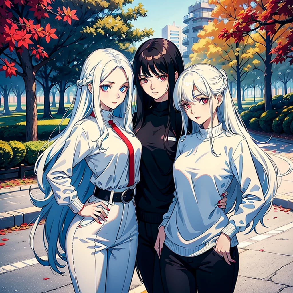 woman with long wavy white hair bright blue eyes wearing a white blouse and black pants next to her a black haired woman with red locks with bright red eyes wearing a black sweater and white pants taking her phone for a photo they are in a park