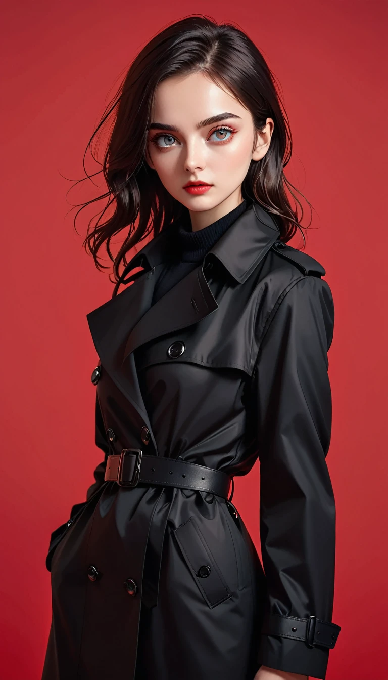 (masterpiece,high quality,8K).beautiful girl,Skin details,Bright Eyes,Unique,Staring at the audience),(Black trench coat suit:1.37,belt)。Light and Shadow,Clean and simple red background