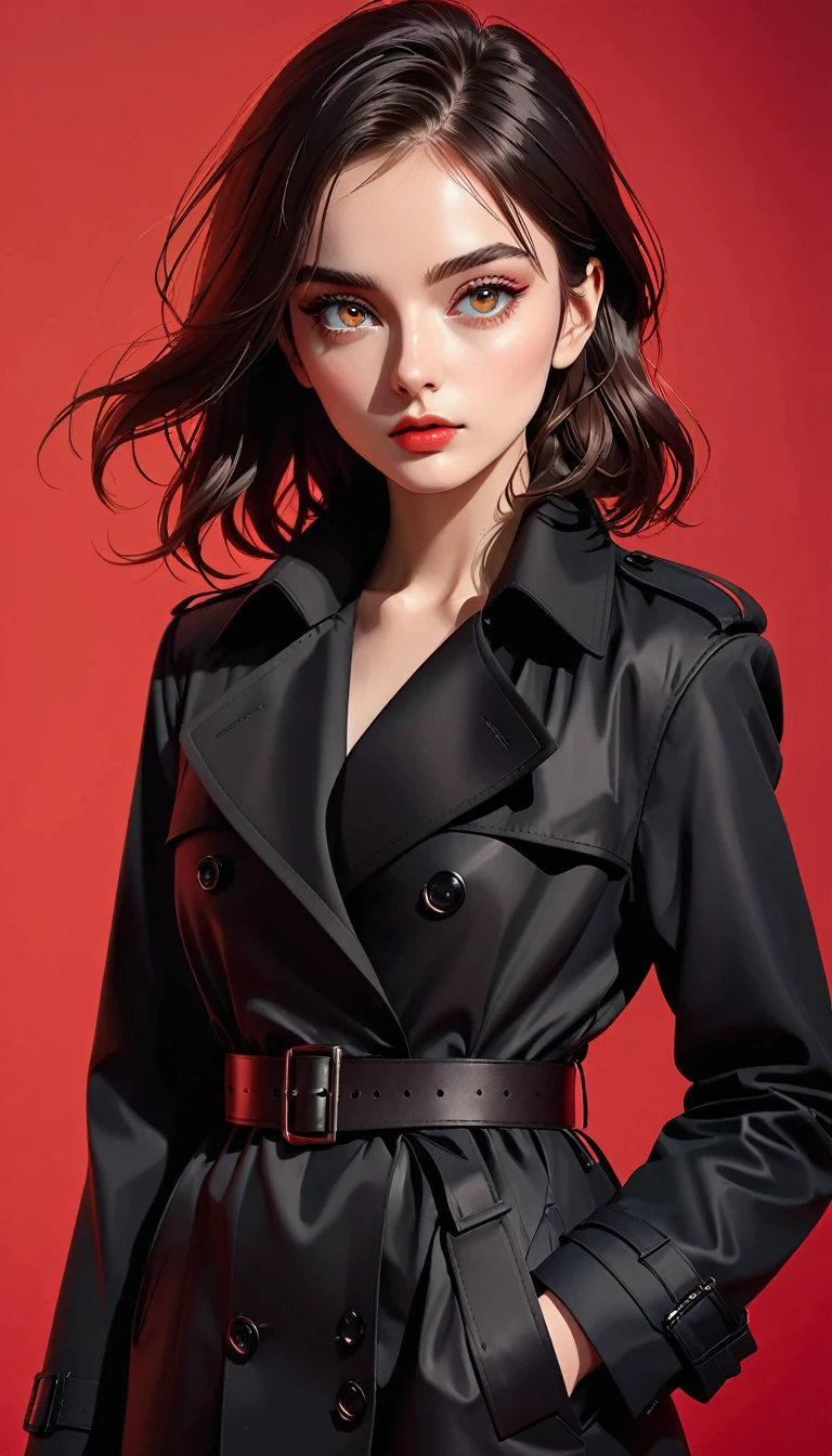 (masterpiece,high quality,8K).beautiful girl,Skin details,Bright Eyes,Unique,Staring at the audience),(Black trench coat suit:1.37,belt)。Light and Shadow,Clean and simple red background