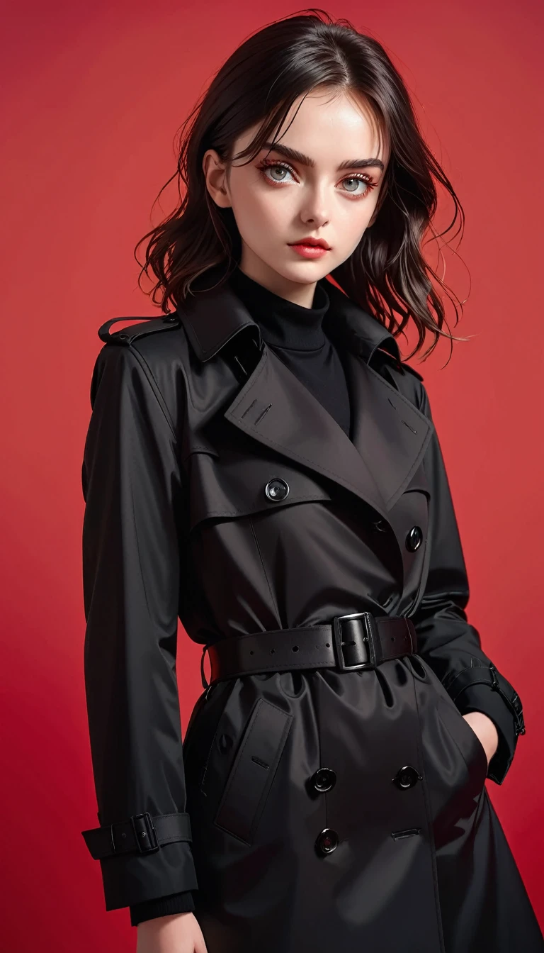 (masterpiece,high quality,8K).beautiful girl,Skin details,Bright Eyes,Unique,Staring at the audience),(Black trench coat suit:1.37,belt)。Light and Shadow,Clean and simple red background