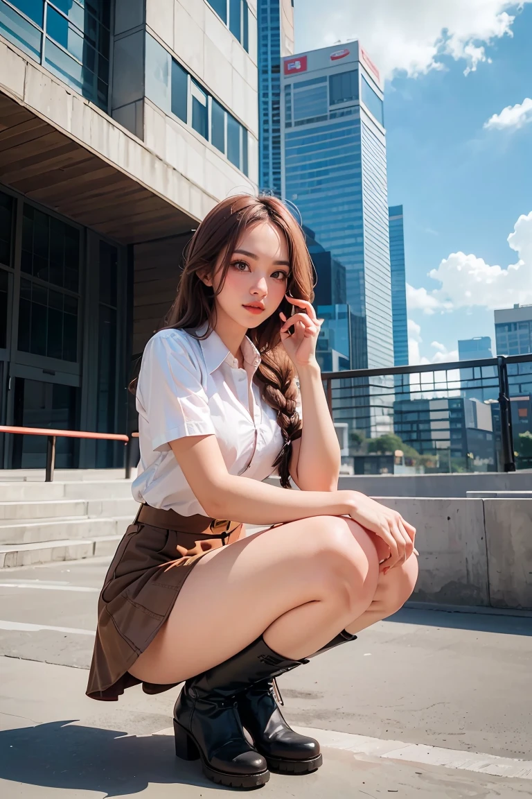 high resolution, best quality, masterpiece, very high image quality, ultra-detailed, hyperrealistic, 3d, anime, illustrations, fantasy, hard rock girl, very beautiful cute, pink wavy hair, side braid, miniskirt, knee high socks, engineer boots, background cyber punk city galaxy