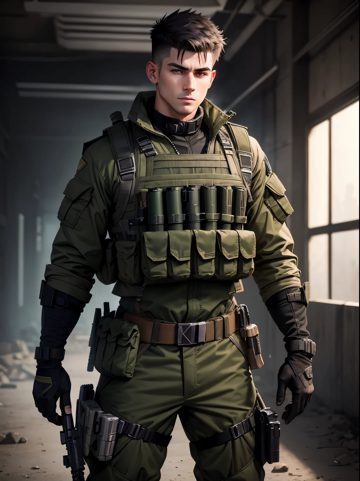 Mercenary, male focus,load-bearing vest, wearing green camouflage combat suit, ammunition belt, black half-gloves, danger atmosphere, war zone, dark hair, crew cut, dark grey eyes, age 25, (full length:1.1), gray background, 8k resolution