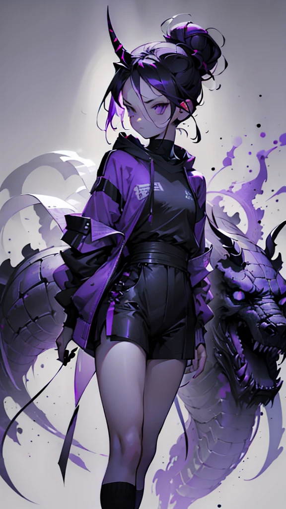 boy. thoughtful look. open forehead. black and purple hair tied in a bun on the left side to one side. sinuous black horns wrapped in dark purple ribbon. pale violet eyes. in short dark purple shorts. long white T-shirt. dark purple knee-high socks. dark_purple long coat with hood. древние dark_purple stone dungeon walls. purple light from lamps on the ceiling beams
