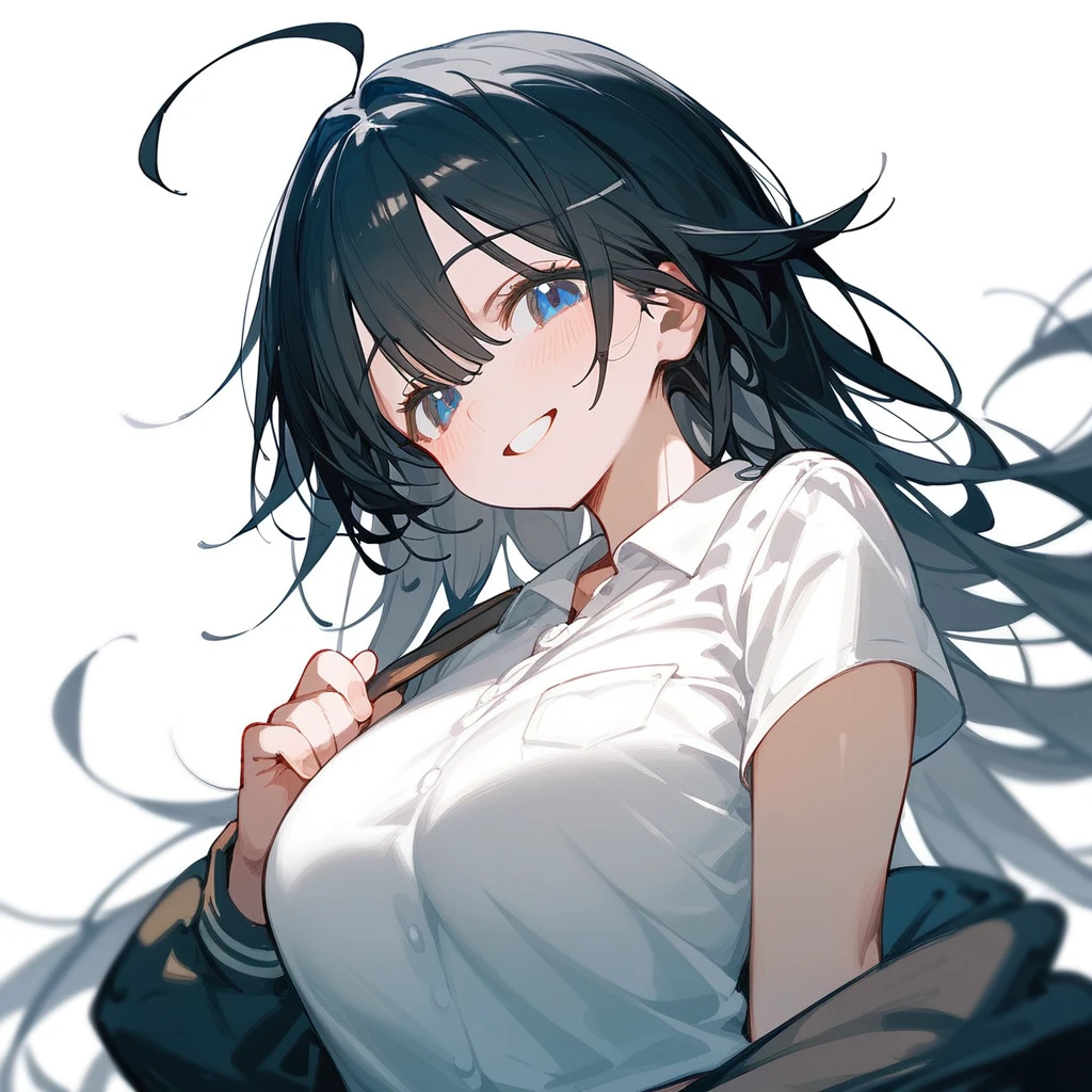 One Woman、Big Breasts、Black Hair、Long Hair、Straight Hair、Ahoge、high school student、smile、Dark blue eyes、Yellow