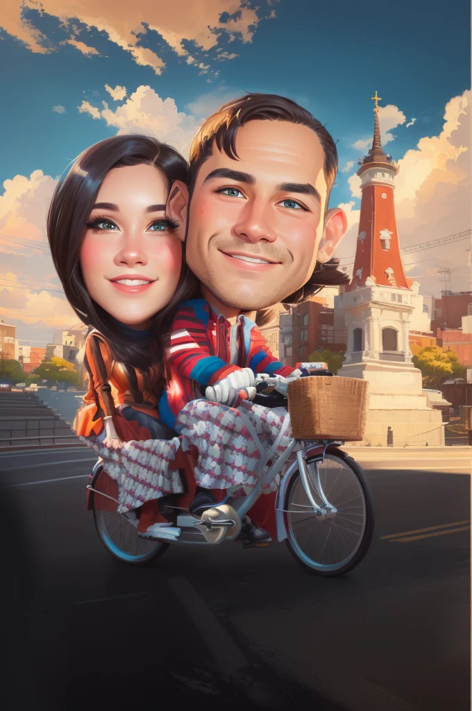 arafed image of a man and woman riding a bicycle, caricature illustration, caricature, digital art cartoon, cartoon digital art, caricature style, cartoon portrait, cartoon artstyle, caricature!!!, cartoon digital painting, in cartoon style, happy couple, couple portrait, digital cartoon painting art, couple, potrait, realistic portrait photo, cartoon art, realism artstyle