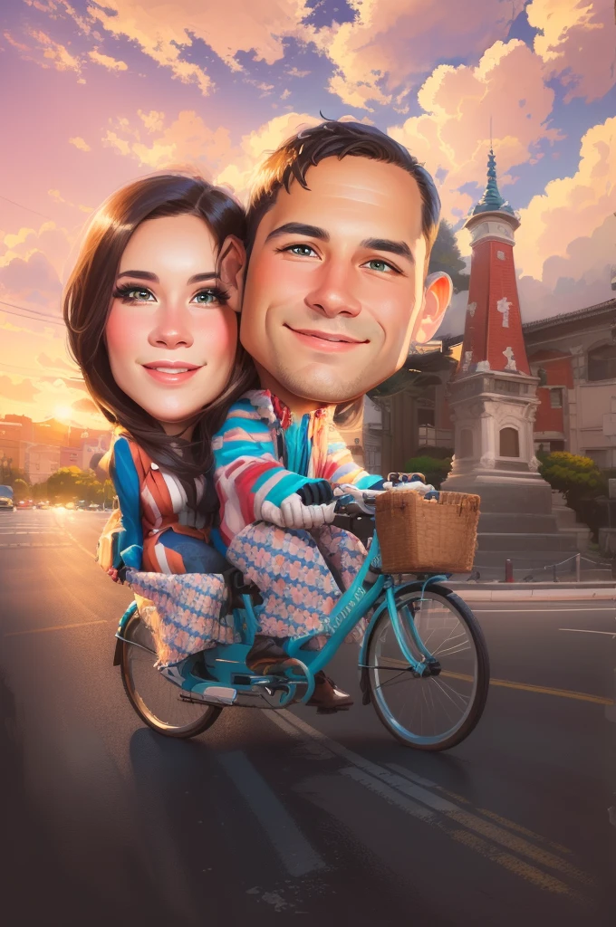 arafed image of a man and woman riding a bicycle, caricature illustration, caricature, digital art cartoon, cartoon digital art, caricature style, cartoon portrait, cartoon artstyle, caricature!!!, cartoon digital painting, in cartoon style, happy couple, couple portrait, digital cartoon painting art, couple, potrait, realistic portrait photo, cartoon art, realism artstyle