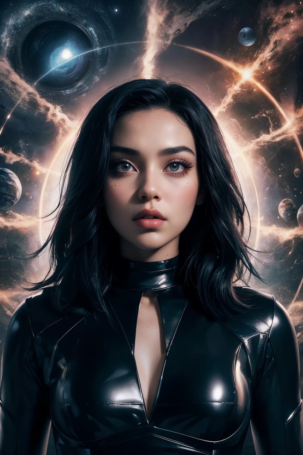 A beautiful woman. Black hair. 22 years old. Beautiful double eyes. The bridge of my nose. Well-shaped lips. She is looking at the camera with a serious expression. She is wearing futuristic black metallic clothing. Images of countless worlds in the space behind her. An image of a parallel world.