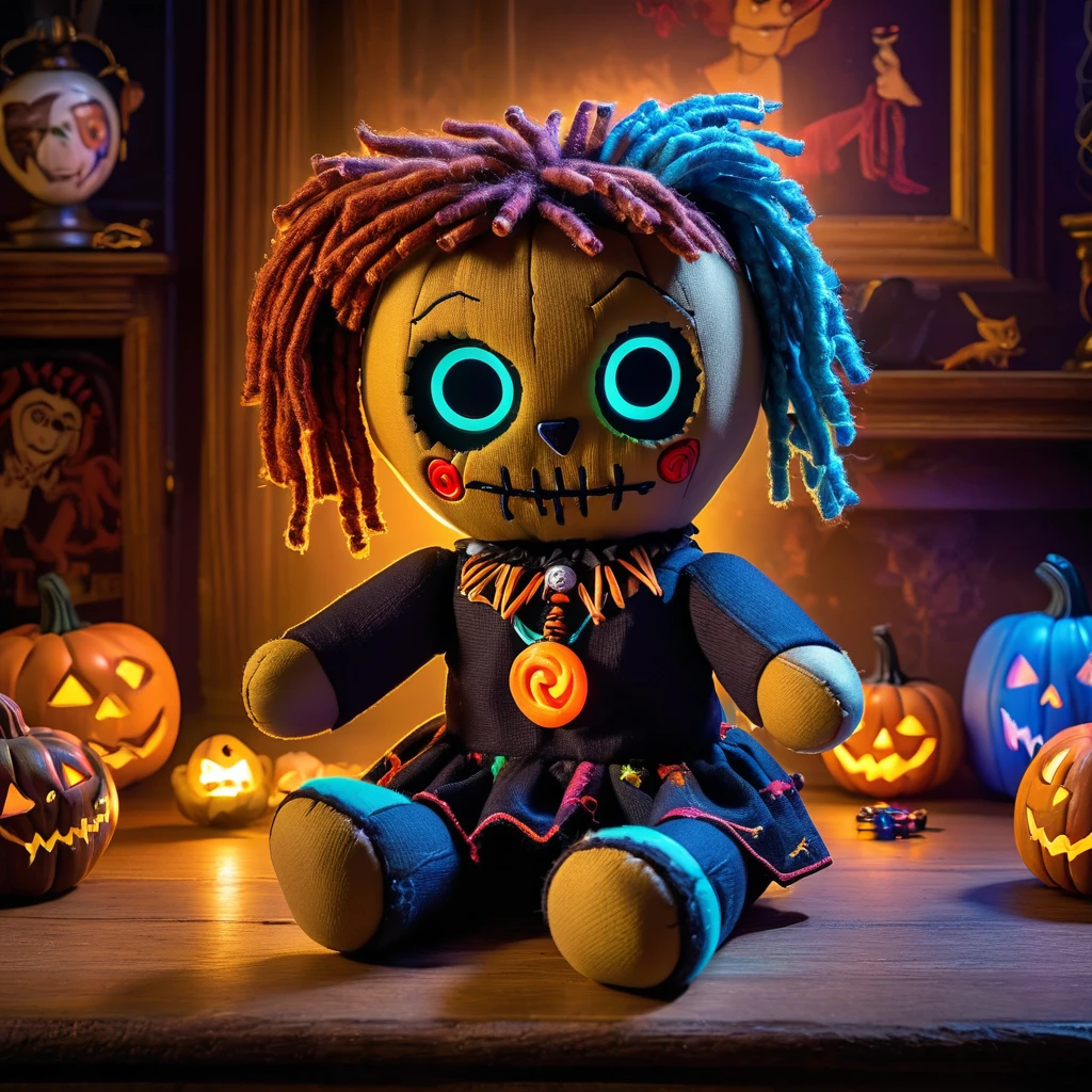 (knitted toy voodoo doll:1.7), (Voodoo Scooby-Doo:1.1), (Clothing: spooky collar with glowing paw symbols:1.0), (Accessories: enchanted Scooby Snacks emitting sparks of mystery-solving magic, levitating spectral ghosts:1.1), (background: haunted mansion with floating cobwebs, glowing portraits, and spectral mysteries:1.2), best quality, masterpiece, detailed soft oil painting, detailed background, dramatic cinematic lighting, soft edge lighting, professional, dramatic lighting, hard edge lighting, ultra quality, 4k, masterpiece, best quality, 8k, ultra high definition, high resolution, extremely detailed