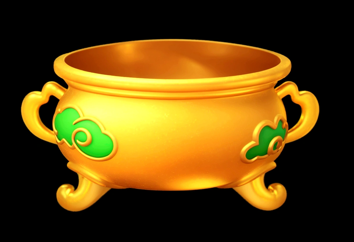 Golden Pot Game Assets, 3d,Strong texture，metallic feel，Golden，3d，HD，8K