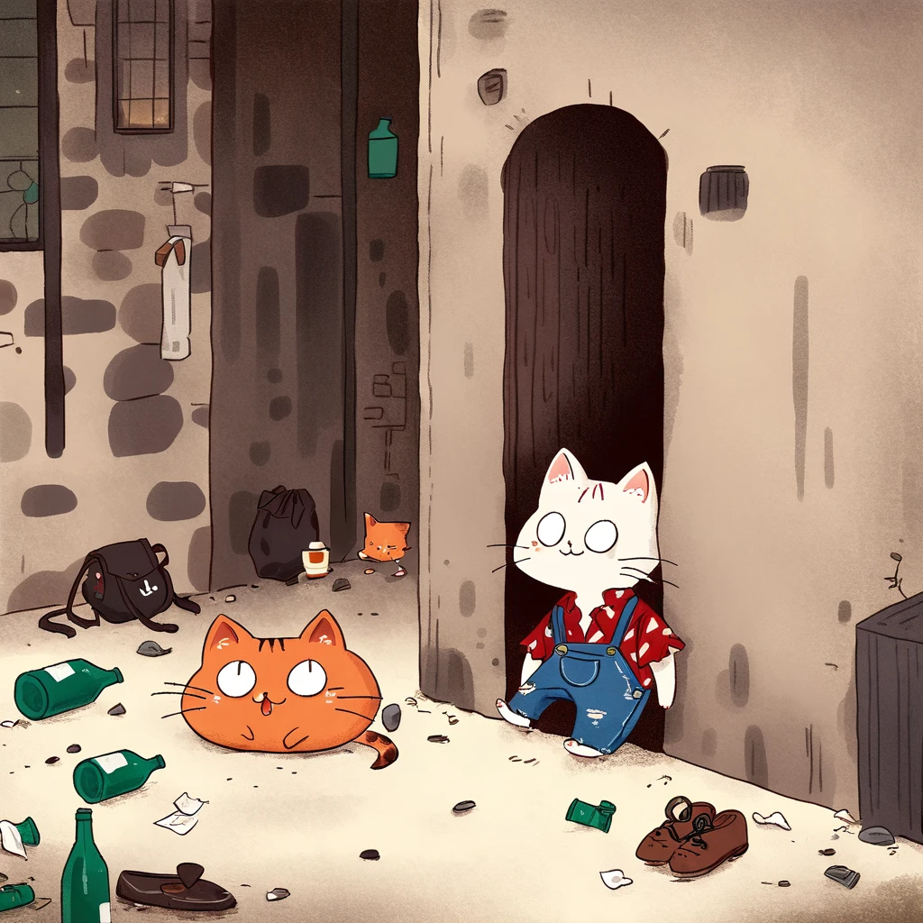 Depicts a very pitiful anthropomorphic kitten，Wearing a tattered red linen shirt and denim overalls, Worn-out cloth shoes, Carrying an oversized bag, Higher than oneself. This, Kittens are placed in a city alley, A dark corner of the city，The ground is littered with trash and bottles. Images should be presented in a vector illustration style, Keep the original concept，But turning it into a clearer, A more stylized form，Emphasizes the contrast between the innocence of the characters and the severity of their urban surroundings.