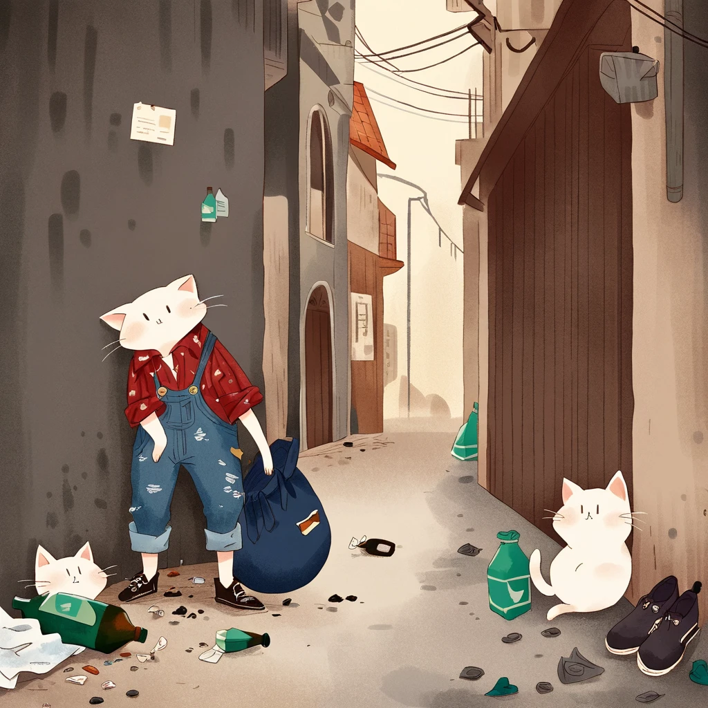 Depicts a very pitiful anthropomorphic kitten，Wearing a tattered red linen shirt and denim overalls, Worn-out cloth shoes, Carrying an oversized bag, Higher than oneself. This, Kittens are placed in a city alley, A dark corner of the city，The ground is littered with trash and bottles. Images should be presented in a vector illustration style, Keep the original concept，But turning it into a clearer, A more stylized form，Emphasizes the contrast between the innocence of the characters and the severity of their urban surroundings.