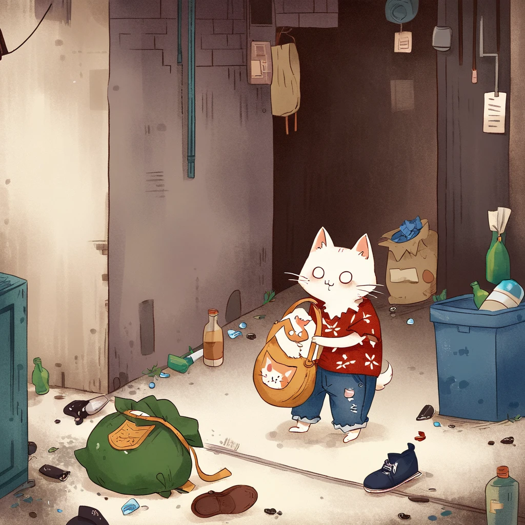 Depicts a very pitiful anthropomorphic kitten,Wearing a tattered red linen shirt and denim overalls, Worn-out cloth shoes, Carrying an oversized bag, Higher than oneself. This, Kittens are placed in a city alley, A dark corner of the city,The ground is littered with trash and bottles. Images should be presented in a vector illustration style, Keep the original concept,But turning it into a clearer, A more stylized form,Emphasizes the contrast between the innocence of the characters and the severity of their urban surroundings.