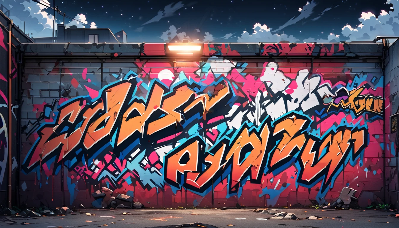 HD 8K outdoor, White clouds in the night, graffiti famous spray art wall panoramic, no people,