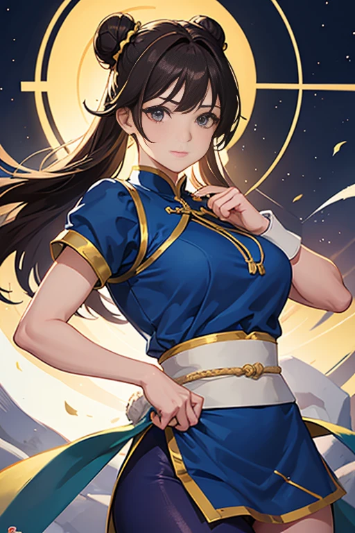 Chun-Li from Street Fight II,perfect chun li costume,blue cheongsam with gold lines,Bun head,Good cover,fighting pose,masterpiece、1 beautiful girl、fine eyes、puffy eyes、highest quality, 超High resolution, (reality: 1.4), movie lighting、Japanese、Asian Beauty、Korean、super beautiful、beautiful skin、body facing forward、close up of face、(Ultra-realistic)、(High resolution)、(8K)、(very detailed)、(Beautiful and fine eyes)、(Super detailed)、 (wall-)、detailed face、bright lighting、professional lighting、looking at the viewer、look straight ahead、slanted bangs、Nogizaka Idol、korean idol、masterpiece, highest quality, masterpiece, highest quality, perfect brown eyes with white sclera, bad move-5, alone, 1 girl, Upper body, brown hair, From SF2, Chinese service, smile, muscular woman, blue clothes, pantyhose, pelvic curtain, Puffy short sleeves, Good cover, sash, evaluation:safety: There are tears in various places on the costume that were cut by a sharp blade.、Bleeding from a wound、Both hands tied with rope、Ropes wrapped around the body、I&#39;m about to lose consciousness。