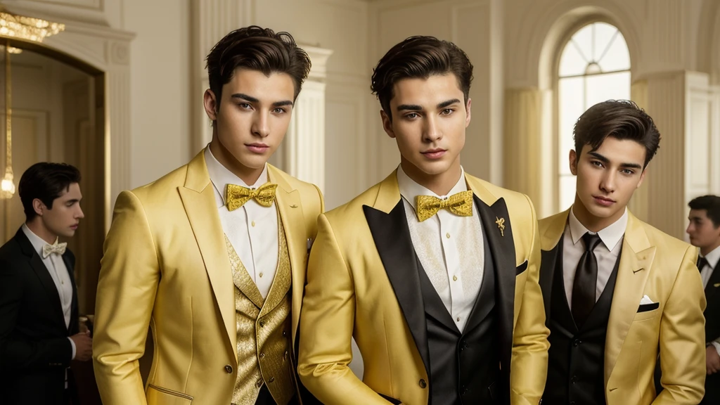Three 25-year-old boys, with a masculine appearance, wearing a YELLOW suit. The scene depicts a masterpiece of art, showcasing the boy's professional and wealthy lifestyle. The image is of the best quality, with ultra-detailed features. The color tone is rich and vibrant ,masterpiece, ultra realistic, detailed face, detailed fingers