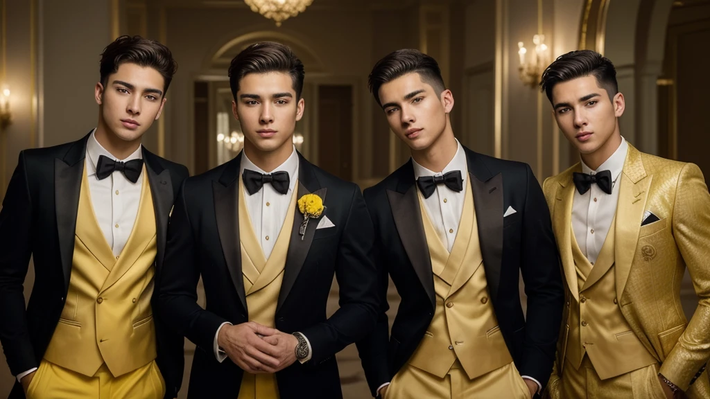 Three 25-year-old boys, with a masculine appearance, wearing a YELLOW suit. The scene depicts a masterpiece of art, showcasing the boy's professional and wealthy lifestyle. The image is of the best quality, with ultra-detailed features. The color tone is rich and vibrant ,masterpiece, ultra realistic, detailed face, detailed fingers